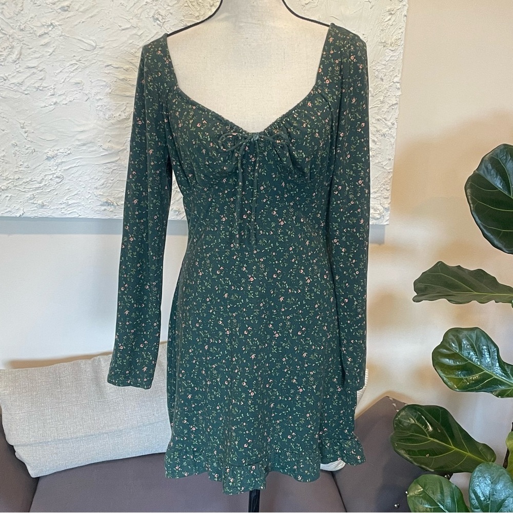 Reformation Anjeline Coriander Green Floral Long Sleeve Mini Dress Size XL